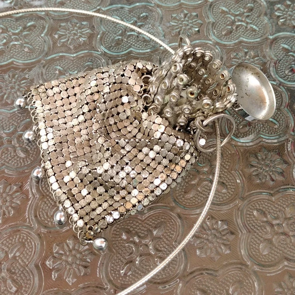 c1930s Whiting & Davis Silver Tone Mesh Gate Top Beggars Purse Bag + - Picture 8 of 8